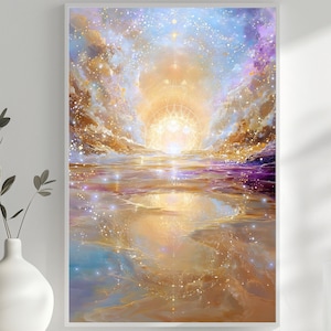 Puede incluir: Una impresión artística enmarcada que representa un paisaje celestial con una luz dorada brillante que emana del centro. La obra de arte presenta una mezcla de azules, morados y dorados, creando una atmósfera onírica y etérea. La impresión se exhibe en una estantería blanca.