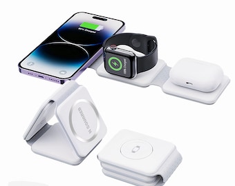 HSquared 3 in 1 Wireless Charging Station, Desk Accessory, Magnetic Foldable, Traevl Charger, Bed Accessory