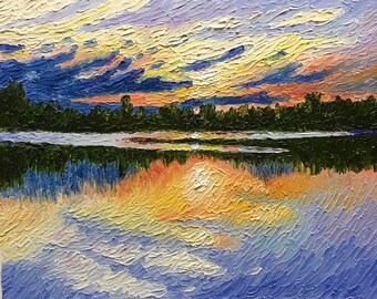 Original Impressionist Impasto oil painting 11x14 "Sunset Rifle River"