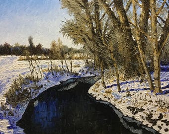 Original Impressionist style Impasto oil painting "Bend in the Stream, Winter" 16x20