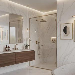 May include: A modern bathroom featuring white marble walls with grey veining, a floating dark wood vanity with two sinks, a glass-enclosed shower, a freestanding oval bathtub with gold fixtures, and three framed abstract art prints on the wall.