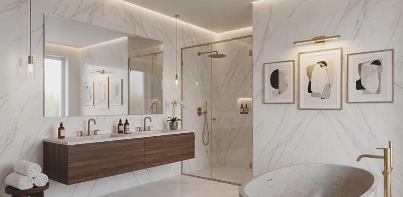 May include: A modern bathroom featuring white marble walls with grey veining, a floating dark wood vanity with two sinks, a glass-enclosed shower, a freestanding oval bathtub with gold fixtures, and three framed abstract art prints on the wall.