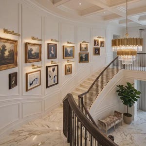 May include: A grand staircase with white marble steps and a dark wood railing, featuring a curved wall adorned with multiple framed paintings illuminated by brass picture lights. A tiered gold chandelier hangs above, and a potted plant sits below.
