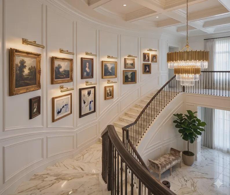 May include: A grand staircase with white marble steps and a dark wood railing, featuring a curved wall adorned with multiple framed paintings illuminated by brass picture lights. A tiered gold chandelier hangs above, and a potted plant sits below.
