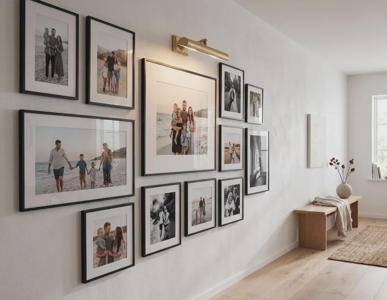 May include: A gallery wall arrangement featuring ten black picture frames of varying sizes containing black and white family photographs, illuminated by a brass wall-mounted picture light fixture centered above the largest central frame.