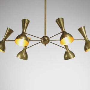 Mid Century Modern Brass Chandelier, Stilnovo Style 12-Light Diabolo Pendant, Sputnik Hanging Light, Vintage Italian Style Ceiling Fixture