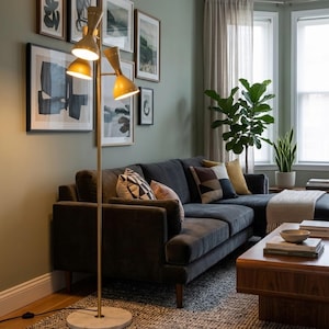Golvlampa i mässing med 6 ljuskällor i mitten av århundradet, justerbar läslampa i vintagestil, skandinavisk stående lampa, modern golvbelysning för vardagsrum
