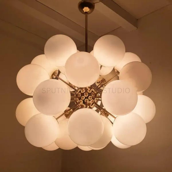 Large Mid Century Modern Brass Sputnik Chandelier | Cluster White Globe Glass Ceiling Light Fixture