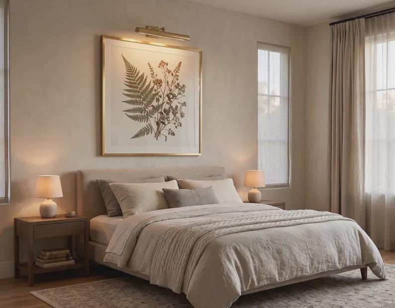 May include: A bedroom featuring a beige upholstered bed with a textured duvet, two wooden nightstands with small lamps, and a large framed botanical print of a fern and wildflowers hanging on the wall under a gold picture light fixture.
