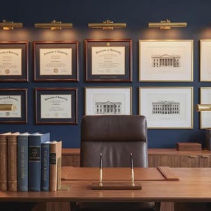 May include: A home office featuring a dark blue wall adorned with multiple framed university diplomas and architectural prints, illuminated by brass picture lights. A wooden desk holds a leather chair, a set of books, and a double pen stand.