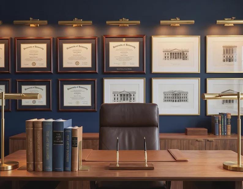 May include: A home office featuring a dark blue wall adorned with multiple framed university diplomas and architectural prints, illuminated by brass picture lights. A wooden desk holds a leather chair, a set of books, and a double pen stand.