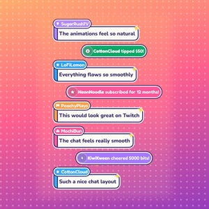 Könnte beinhalten: Eine Sammlung von sieben rechteckigen digitalen Chat-Benachrichtigungs-Overlays mit abgerundeten Ecken, die Benutzernamen und Nachrichten wie SugarRushTV, CottonCloud, LoFiLemon, NeonNoodle, PeachyPlays, MochiBun und KiwiKween auf einem Farbverlaufshintergrund zeigen.