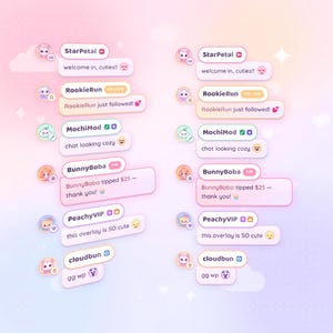 Könnte beinhalten: Eine digitale Chat-Overlay-Grafik mit zwei Spalten aus pastellfarbenen Sprechblasen. Jede Sprechblase zeigt einen Benutzernamen wie StarPetal, RookieRun, MochiMod, BunnyBoba, PeachyVIP und cloudbun sowie Textnachrichten und verschiedene Emojis.