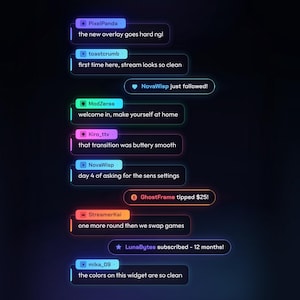 Pode incluir: Um widget de sobreposição de chat digital com várias bolhas de mensagem em cores neon, nomes de usuário e texto. As mensagens incluem: PixelPanda 'the new overlay goes hard ngl', toastcrumb 'first time here, stream looks so clean', NovaWisp 'just followed!', ModZeraa 'welcome in, make yourself at home', Kiro_ttv 'that transition was buttery smooth', NovaWisp 'day 4 of asking for the sens settings', GhostFrame 'tipped $25!', StreamerKai 'one more round then we swap games', LunaBytes 'subscribed - 12 months!', e mika_09 'the colors on this widget are so clean'.