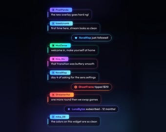 May include: A digital chat overlay widget featuring multiple neon-colored message bubbles with usernames and text. Messages include: PixelPanda 'the new overlay goes hard ngl', toastcrumb 'first time here, stream looks so clean', NovaWisp 'just followed!', ModZeraa 'welcome in, make yourself at home', Kiro_ttv 'that transition was buttery smooth', NovaWisp 'day 4 of asking for the sens settings', GhostFrame 'tipped $25!', StreamerKai 'one more round then we swap games', LunaBytes 'subscribed - 12 months!', and mika_09 'the colors on this widget are so clean'.