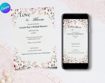 Love In Bloom Bridal Shower Invitation Template, Floral, Editable in Canva
