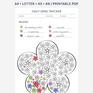 May include: Printable PDF daily wins tracker with a floral design. The tracker includes sections for rewards, start and end dates, and tracking wins such as creative activities, no-spend days, water intake, exercise, journaling, and savings.