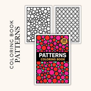 Puede incluir: Tres libros para colorear con patrones geométricos. La portada del libro principal presenta un diseño vibrante de círculos rojos y rosas sobre un fondo turquesa, con las palabras "PATTERNS COLORING BOOK" en blanco. El libro tiene 20 páginas.