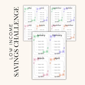 Peut inclure: Un ensemble de douze cartes de défi d'épargne mensuelles avec des accents floraux. Chaque carte affiche des objectifs d'épargne hebdomadaires et le montant total de l'épargne. Le texte "LOW INCOME SAVINGS CHALLENGE" est imprimé verticalement.