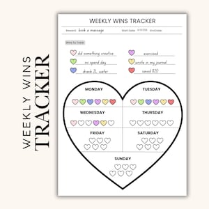 Puede incluir: Un rastreador semanal de victorias blanco con un diseño en forma de corazón. El rastreador incluye secciones para cada día de la semana, con espacio para registrar las victorias. El texto incluye "hizo algo creativo", "día sin gastar" y "ahorró $20".