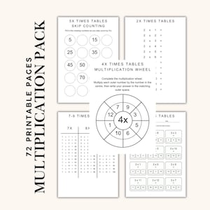 May include: A set of 72 printable multiplication worksheets. The pages include multiplication tables, skip counting exercises, and multiplication wheels. The worksheets are designed for educational purposes and feature clear, easy-to-read text.