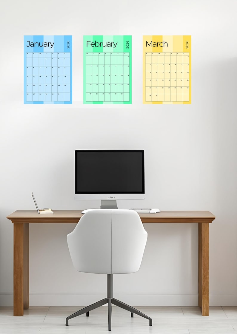 Computer Monitor Ribbon Calendar 2026 Bright Colored Individual Months Wall Calendar | Colorful Stripes ...