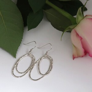 Sterling Silver Dangle Earrings, Organic Oval Hoops, Bohemian Basics