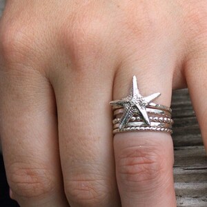 Parure de bagues superposables en argent sterling, étoile de mer, bohème bohème