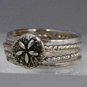 Juego de anillos apilables de plata de ley con diseño de dólar de arena, joyería náutica