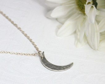 Hand Hammered Sterling Silver Crescent Moon Necklace, Minimalist Celestial Jewelry