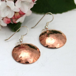 Hammered Copper Earrings, Sterling Silver Wires, Hand Forged Boho Dangles