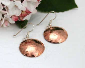Hammered Copper Earrings, Sterling Silver Wires, Hand Forged Boho Dangles