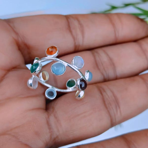 Multicolor Gemstone Ring | 925 Sterling Silver Handmade Ring | Boho Statement Jewelry | Colorful Stackable