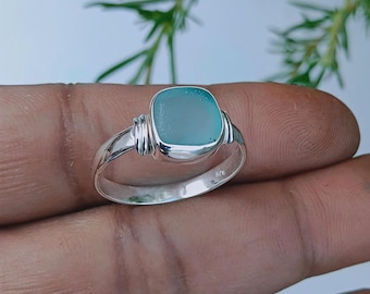 Aquamarine Blue Sea Glass Ring | 925 Sterling Silver Handmade Boho Jewelry