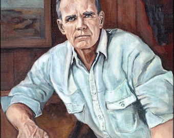 May include: A painting of a man with a light blue shirt and a serious expression. He is sitting with his left arm resting on a table. The background is a wooden wall.