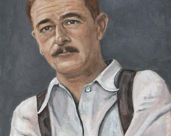 May include: A painting of a man with a mustache wearing a white shirt with suspenders. The background is a dark gray.