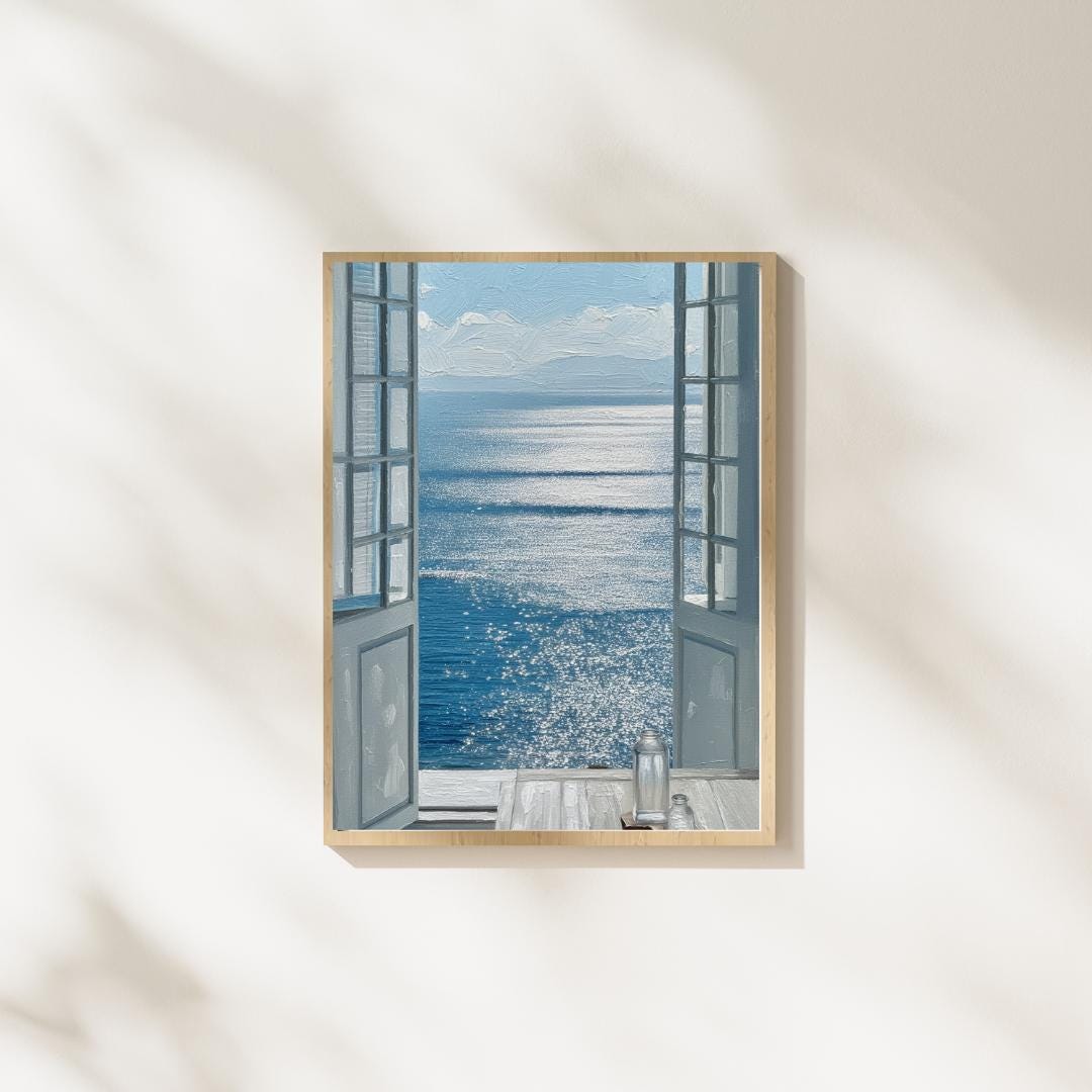 Mediterranean Window Sea View Art Print, Coastal Blue Ocean Poster, Oil ...