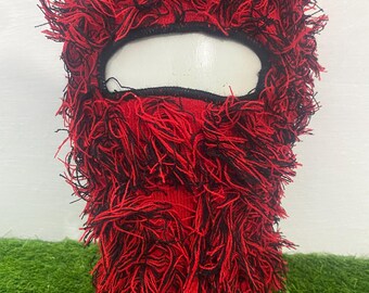 Handmade Shaggy Acrylic Knit Balaclava | Red & Black Fringe Mask