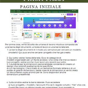 May include: A guide to Canva, titled "First Steps," with the heading "Homepage." The image shows a Canva interface with numbered sections and text in Italian, explaining the platform's features and design tools.