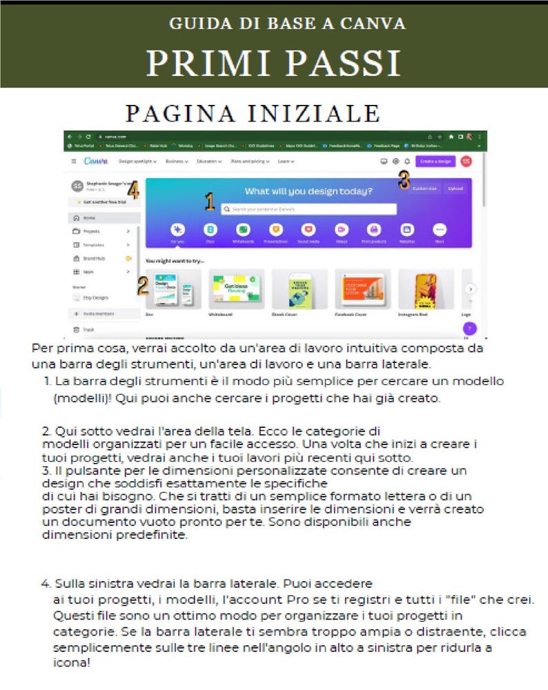 May include: A guide to Canva, titled "First Steps," with the heading "Homepage." The image shows a Canva interface with numbered sections and text in Italian, explaining the platform's features and design tools.
