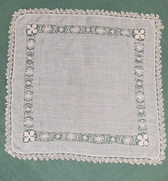 Antique Linen Handkerchief Tatted Lace, Palest Bl… - image 3