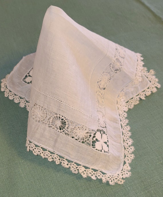 Antique Linen Handkerchief Tatted Lace, Palest Bl… - image 2