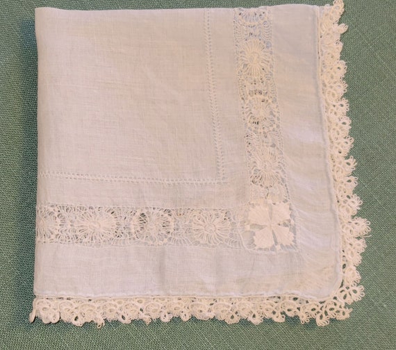 Antique Linen Handkerchief Tatted Lace, Palest Bl… - image 1