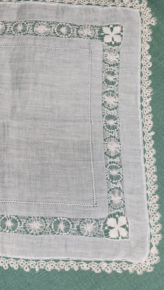 Antique Linen Handkerchief Tatted Lace, Palest Bl… - image 4