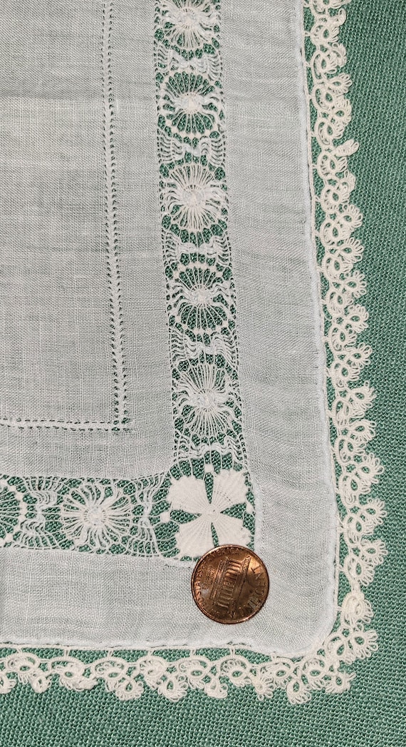 Antique Linen Handkerchief Tatted Lace, Palest Bl… - image 5