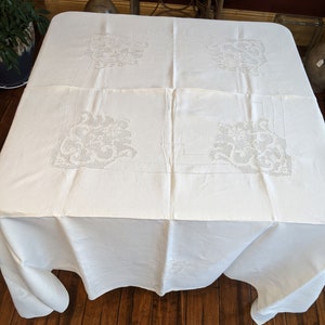 Vintage Linen Drawn Thread Lace, Square Tablecloth - 68&quot;