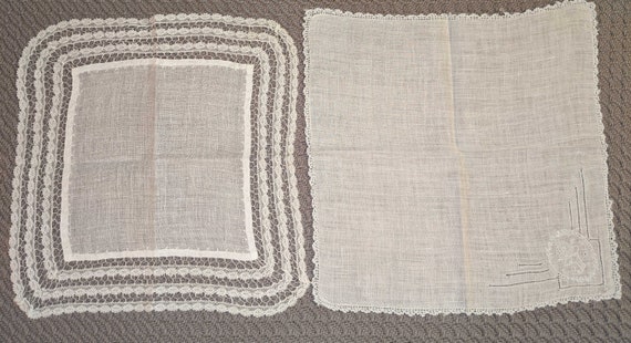 2 Vintage Lace Linen Handkerchiefs, Child Size, E… - image 2