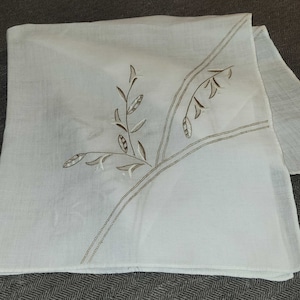 Vintage Embroidered Linen Luncheon Tablecloth - Taupe - Unique Design