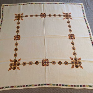 Cross Stitch Linen Luncheon Tablecloth and 4 Matching Napkins - Colorful