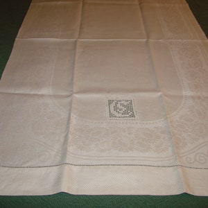 Vintage Linen Damask Large Towel, Sunflowers, Crocheted Monogram Insert